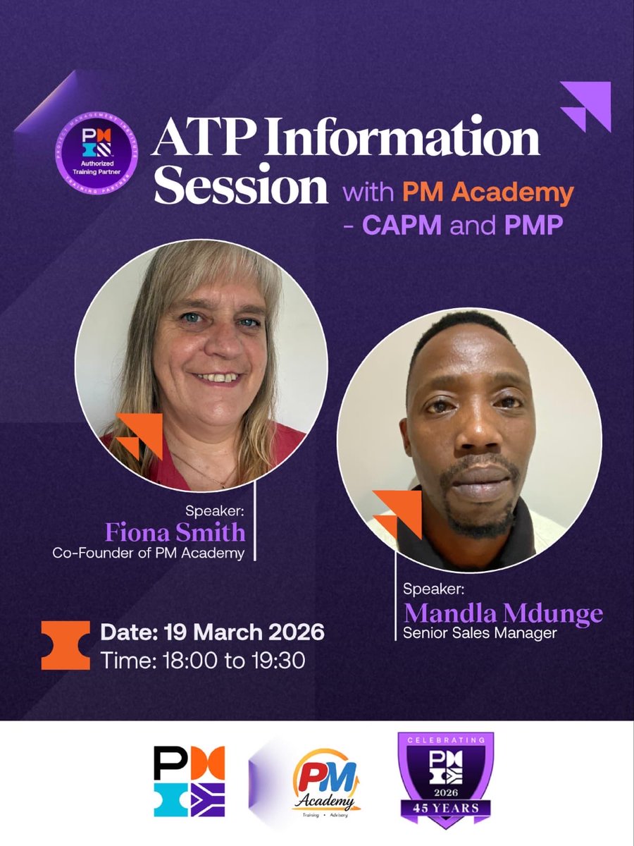 PMISouthAfrica's tweet image. 📢 ATP Info Session: CAPM &amp;amp; PMP
🗓️ 19 March | 18:00-19:30
👥 Mandla Mdunge &amp;amp; Fiona Smith (PM Academy)
🔗 pmi.org.za/event-registra…
#PMP #CAPM #PMISouthAfrica