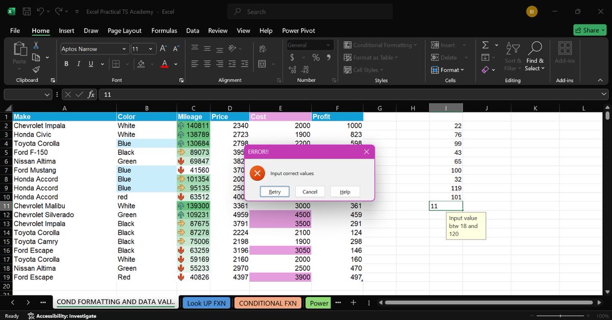 dicta_andy's tweet photo. Learning Advanced Excel Formulas (VLOOKUP, XLOOKUP, INDEX-MATCH) and practicing Data Validation. I made sure to input an Error Alert. 70% ready for class tomorrow 
@ezekiel_aleke @TechSphereAcad 
#day26 #30DaysOfTech #LearningWithTS #justagirlwholikesdata💕 https://t.co/O5xNUtWssn