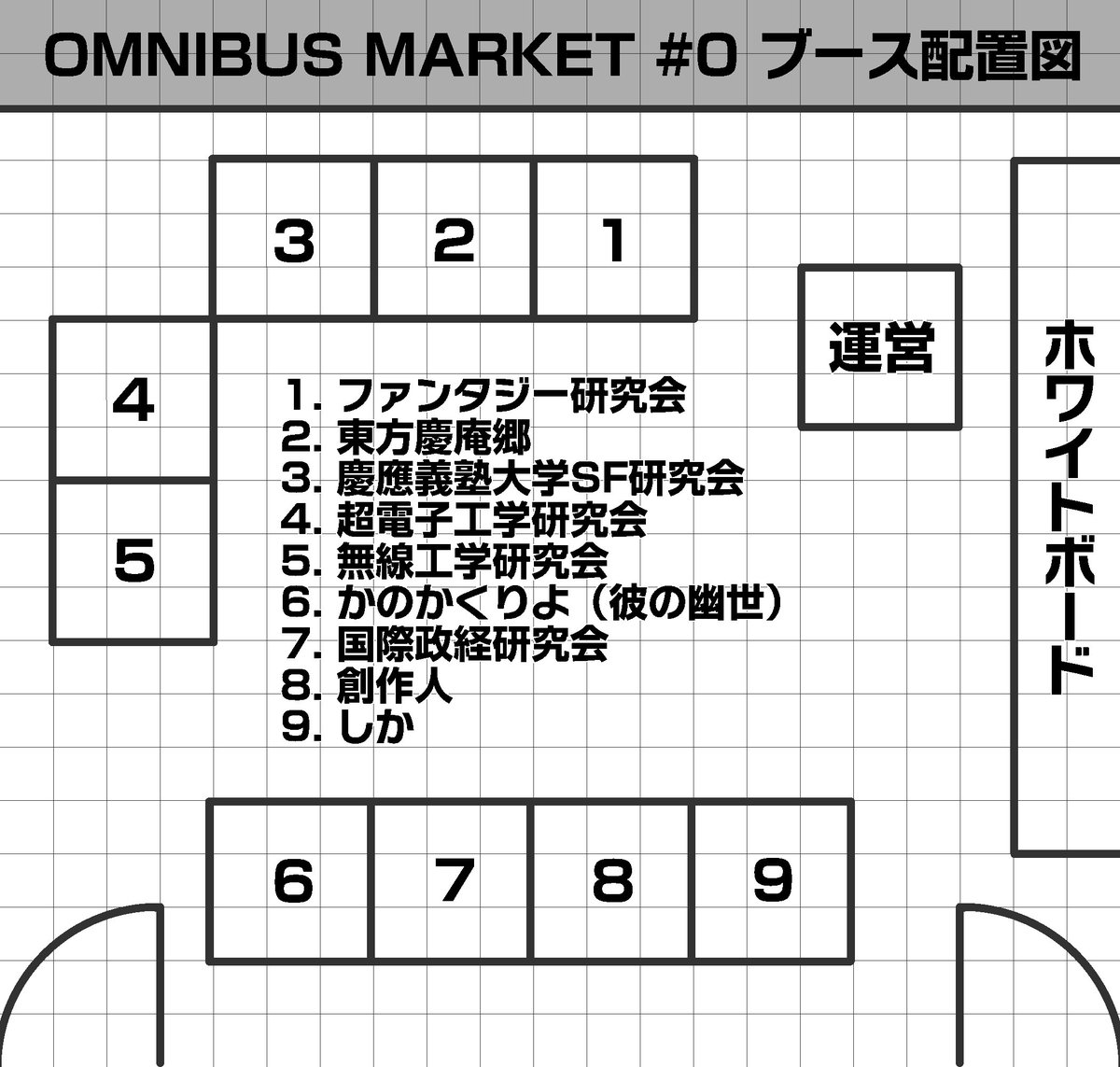 OmnibusMarket's tweet photo. 慶應義塾大学有志による学内即売会 #OmnibusMarket 
いよいよ明日3/14に開催です！
11:00-16:00に第5校舎516教室で開きますので、是非お越しください！皆さんに会えるのを心待ちにしております！！
こちらがブース配置図になります！
 #春から慶應 https://t.co/KABAY8GFpx