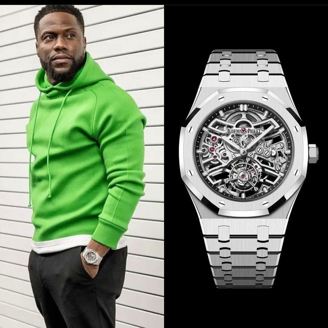 Wristzee's tweet photo. Kevin Hart has one of the sickest watch collections out there 

8 x Audemars Piguet Royal Oak in one shot: 
26735ST Flying Tourbillon Openworked  
26240CE Ceramic Chrono  
26598BC Perpetual Calendar burgundy  
26522ST Purple Tourbillon  
26585CE Ceramic Perpetual Openworked  
26534TI Green Flying Tourbillon  
26579CS Blue Ceramic Perpetual  
15202PT Green Jumbo 50th Anniversary

This is absolute masterclass level. 
What do you guys think of this collection?
