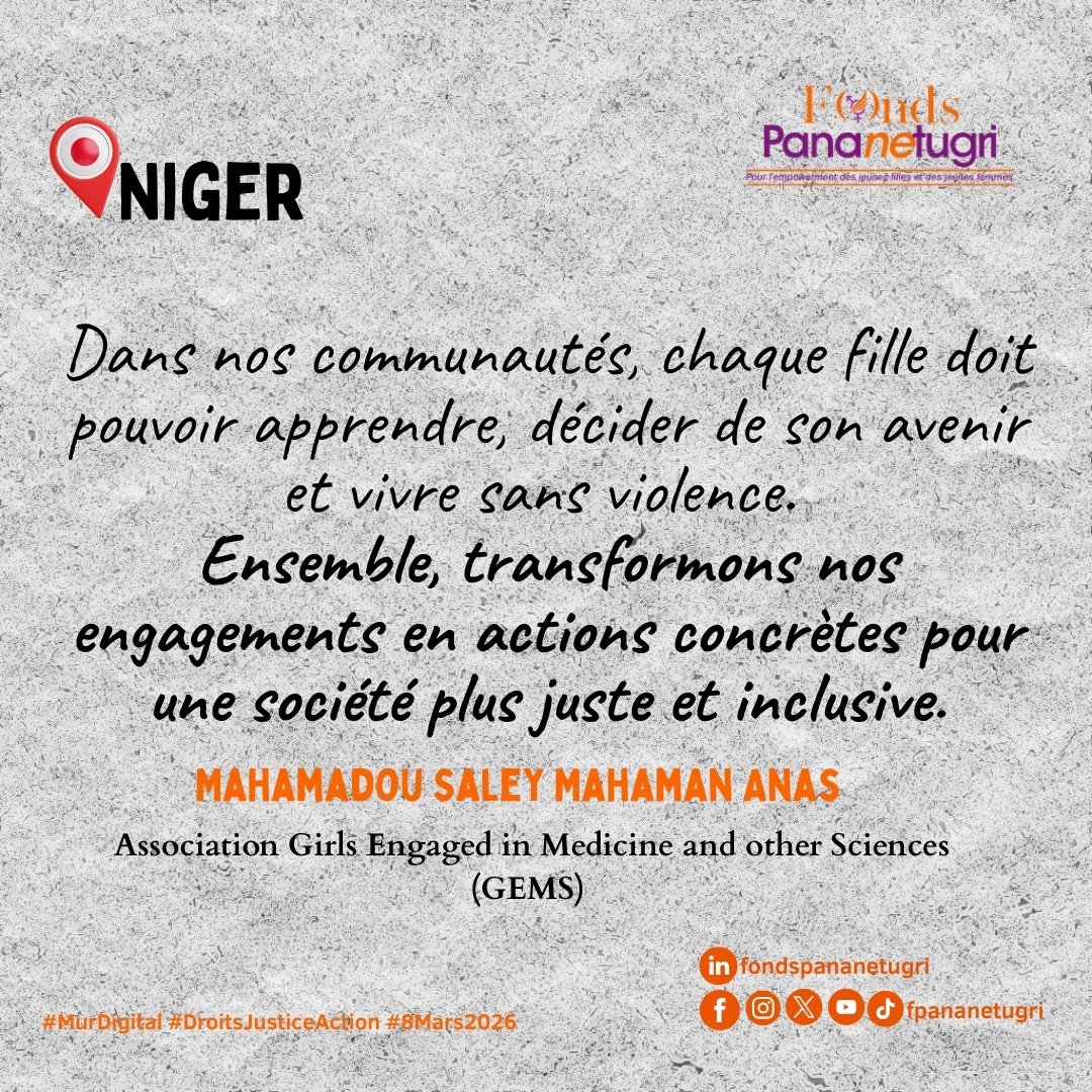 FondsPananetugr's tweet photo. #MurDigital | Jour 5 โ #DroitsJusticeAction
Le mur s'agrandit ! Chaque jour, de nouvelles voix nous rejoignent pour dรฉfendre les droits des filles et des femmes ร travers l'Afrique. ๐ช๐ข
La mobilisation continue.
๐๐ซ๐จ๐ข๐ญ๐ฌ. ๐๐ฎ๐ฌ๐ญ๐ข๐๐. ๐๐๐ญ๐ข๐จ๐ง ๐ฉ๐จ๐ฎ๐ซ ๐๐๐๐๐๐ ๐ฅ๐๐ฌ ๐๐๐ฆ๐ฆ๐๐ฌ ๐๐ญ ๐ฅ๐๐ฌ ๐๐ข๐ฅ๐ฅ๐๐ฌ
#MurDigital #DroitsJusticeAction #8Mars2026 #Niger #FondsPananetugri
@YeleenMali @ekinamag @heroinesdufaso @ipbfpananetugri