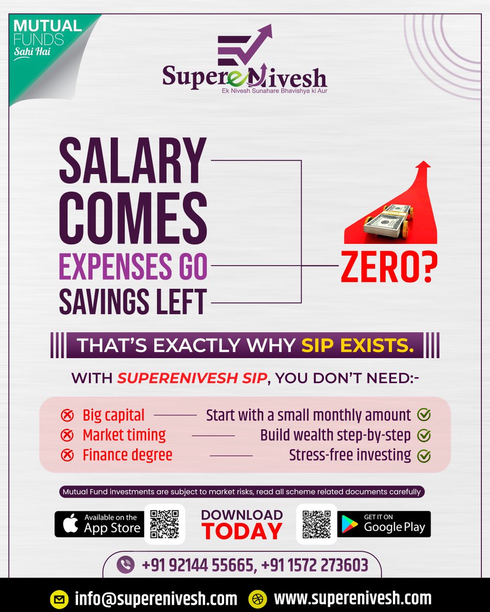 SuperYatra's tweet photo. 💭 Salary comes… expenses go… and savings left = ZERO?
That’s exactly why SIP exists. With SuperEnivesh SIP, building wealth becomes simple and disciplined.

✅ Invest a small amount every month
✅ Build wealth step-by-step
✅ Enjoy stress-free investing

📲 Download App https://t.co/fSIqOP62cP