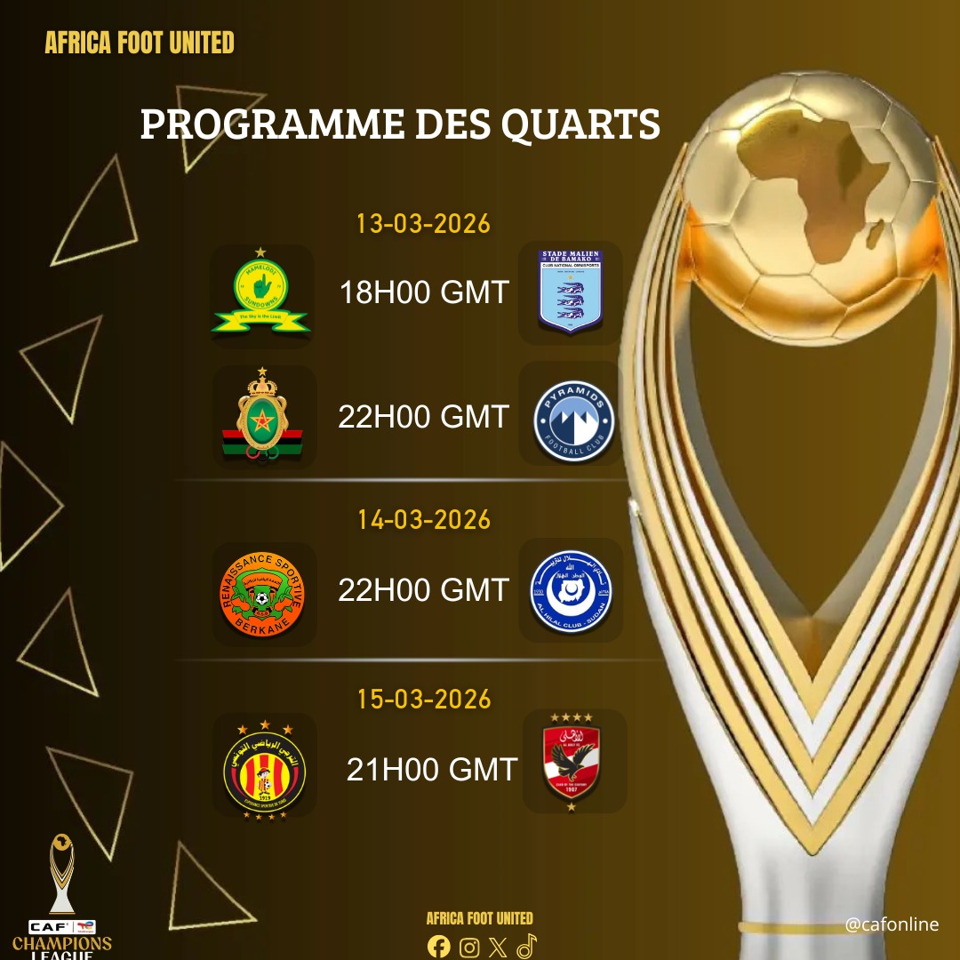 africafootutd's tweet image. #LDCCAF : Programme des quarts de finale
Sundowns 🇿🇦 🆚 Stade Malien 🇲🇱
AS FAR 🇲🇦 🆚 Pyramids 🇪🇬
RS Berkane 🇲🇦 🆚 Al Hilal 🇸🇩
Es Tunis 🇹🇳 🆚 Al Ahly 🇪🇬