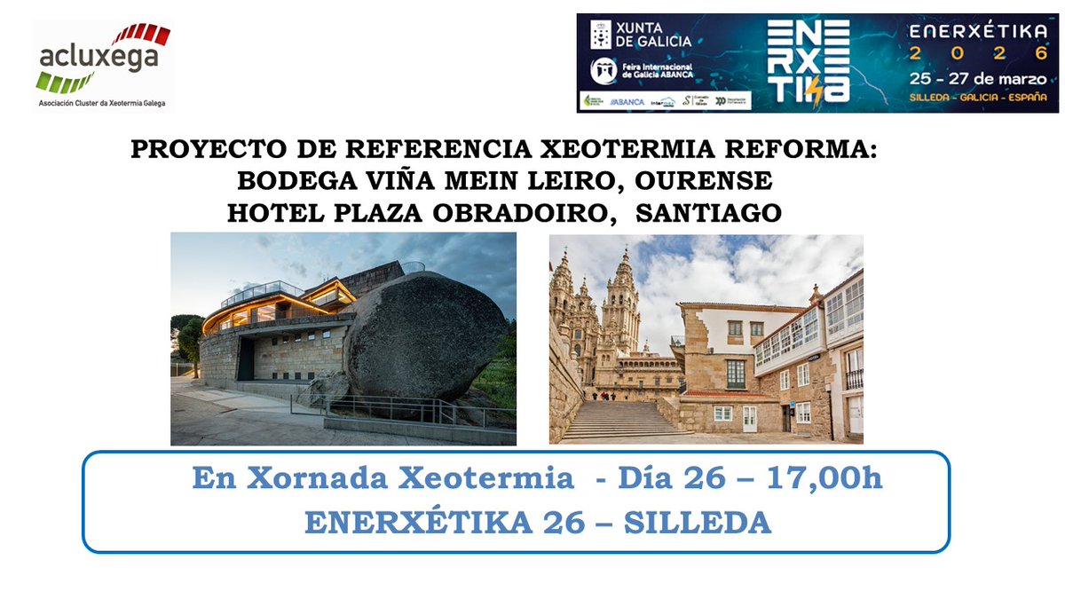 Ahí estamos en ENERXÉTIKA:

Ponencia Casos de Referencia con #geotermia en la #Jornada de <a href="/Acluxega/">Acluxega</a> . Presentada por Nicolau Cassaca de <a href="/Kasaka_Systems/">Kasaka_Waterkotte</a>  - David Novoa Rodríguez - Sondeos Chanqueiro  - Hotel  Plaza Obradoiro - Jose Antonio Canedo - INGEO Ingeniería Geotérmica