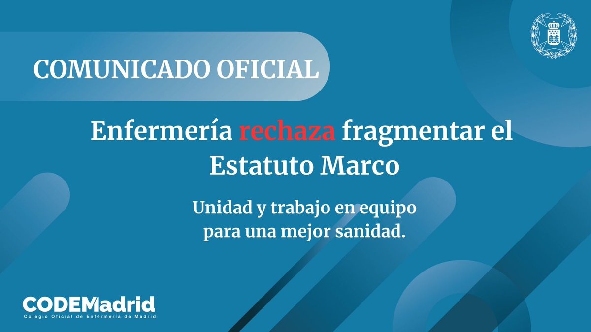 #Enfermería rechaza fragmentar el #EstatutoMarco.
Una reforma con diálogo y participación de todas las profesiones 🤝.
🔗 codem.es/acciones-coleg…