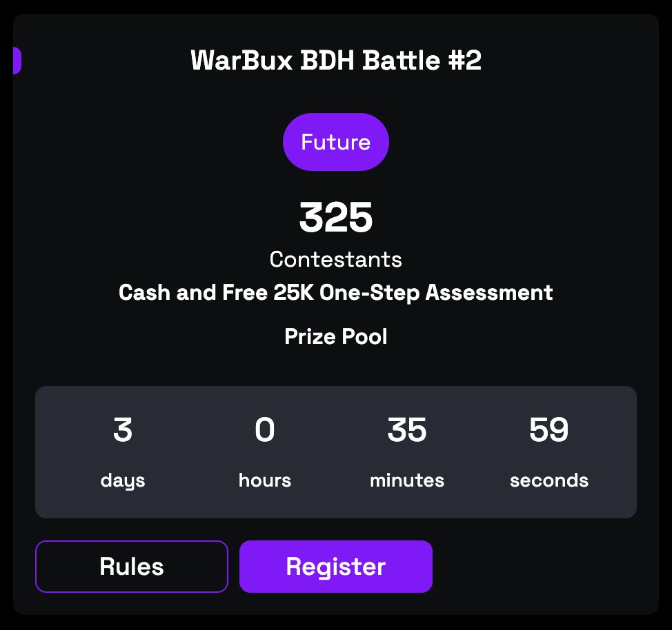 warbuxbtc's tweet photo. 3 Day Left TO Register For the Free WarBux BDH Battle #2!
- Free TO Enter
- $5,000 Prize Purse &amp; Free Accounts!
Enter Now! https://t.co/4FxoTuDk1m https://t.co/cj13e3So9m