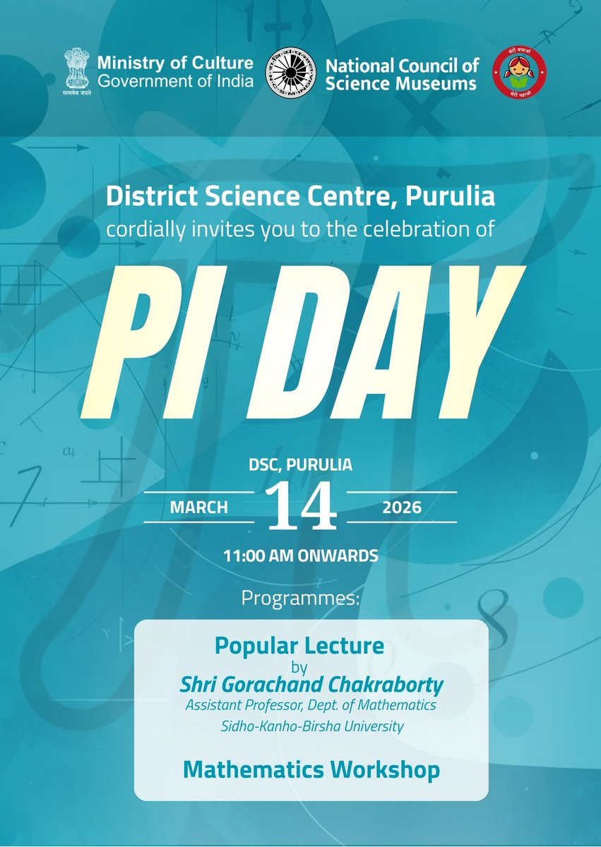 ncsmgoi's tweet photo. Join us at @dscpurulia, a unit of @ncsmgoi, @MinOfCultureGoI, for an engaging Pi Day session exploring numbers, logic, and mathematical creativity.
📅 14 March 2026
#PiDay #MathExploration #STEMLearning #NCSM https://t.co/EMjHx5uTfx
