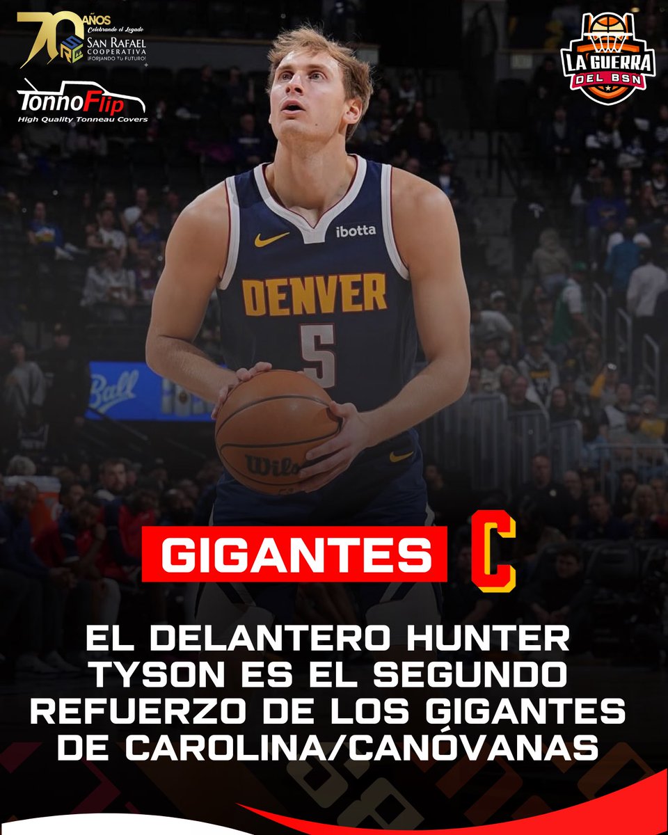 LaGuerraBSN's tweet photo. #BSNPR | OFICIAL: El alero/delantero Hunter Tyson es el segundo refuerzo de los Gigantes de Carolina/Canóvanas para la temporada 2026 del BSN.

📊 Tyson tiene 25 años, mide 6’8 y promedió 23.6 PPJ y 7 RPJ en su última temporada en la G-League (2024). Además, estuvo con los Nuggets en el 2025 hasta febrero de 2026.