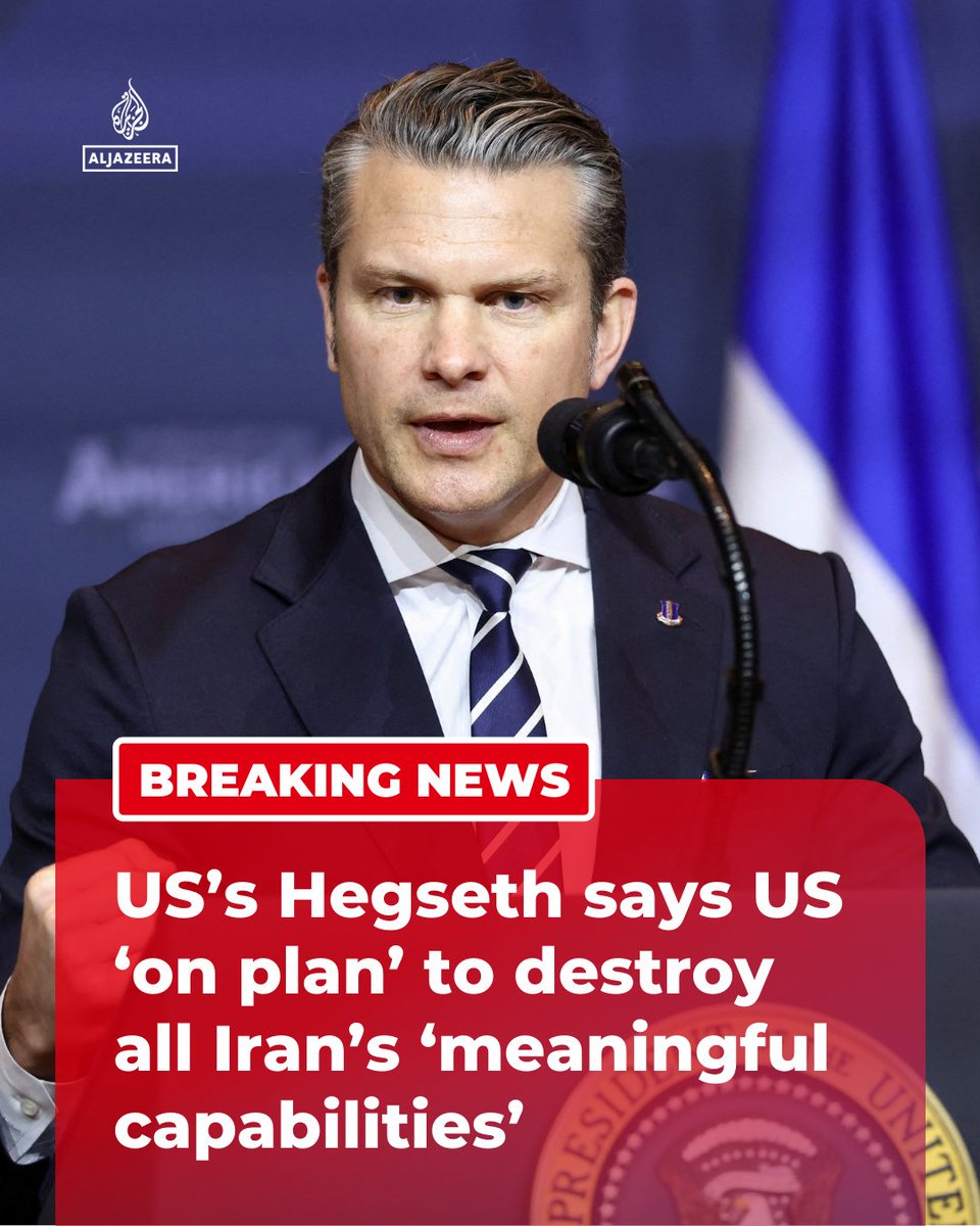 AJEnglish's tweet photo. BREAKING: US Defense Secretary Pete Hegseth claims the US and Israel have achieved major military success in their 'offensive', collectively hitting over 15,000 targets in Iran.

🔴 LIVE updates: https://t.co/tGnOSauL2y https://t.co/ve6ovTB6xF