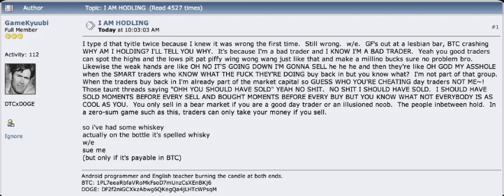 wenbrainbro's tweet photo. did u know 'hodl' was literally just a typo by a drunk guy on a forum in 2013?

some dude named GameKyuubi got drunk on whiskey during a btc crash in dec 2013. he went on the bitcointalk forum to rant and accidentally titled his post "I AM HODLING".

literally the most based typo in financial history and the birth of the biggest crypto meme.

perfect material to prove u actually know ur history in our free quiz. learn or get rekt_ 🧠 #wenbrain