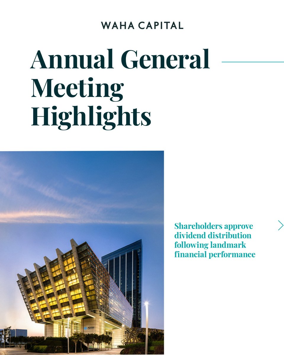 WahaCapital's tweet photo. Waha Capital shareholders have approved a 10 fils per share dividend at the 2025 AGM.

The decision follows a landmark year with AED 1.012 bn net profit (2.5x YoY) and strong financial performance across the company.
Read the full announcement: https://t.co/yqFUS7LR7x https://t.co/k799lMcKBQ