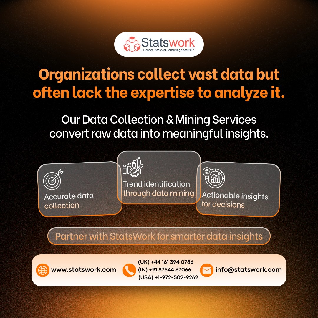 Statswork's tweet photo. Master Your Data Flow
Collecting data is easy.
Statswork provides end-to-end Data Collection and Mining services to ensure your organization makes decisions based on facts, not assumptions.
Contact us : https://t.co/DObRFdGlie
#DataMining #StatsWork #DataAnalytics https://t.co/eXyn77aaKF