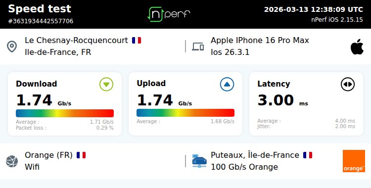 ↓1738976 kb/s ↑1736989 kb/s, ⇄ 4 ms / Wifi:Orange / #appleiphone16promax / #nPerf v2.15.15 /