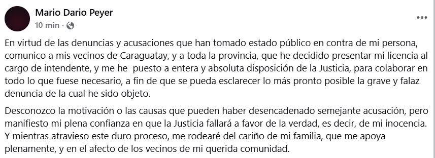 Urgente | el intendente de Caraguatay responde ante las acusaciones y se tomará licencia