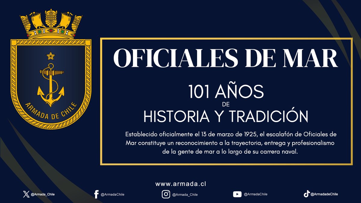 Hoy saludamos a todos nuestros Oficiales de Mar por su destacada labor, profesionalismo y entrega en nuestra Institución

¡Feliz 101° aniversario!

#ArmadaPorChile
