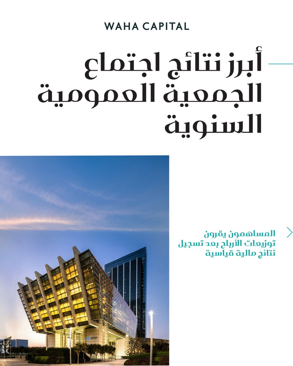 WahaCapital's tweet photo. اعتمد مساهمو الواحة كابيتال توزيع أرباح نقدية بواقع 10 فلوس للسهم الواحد خلال اجتماع الجمعية العمومية لعام 2025.

ويأتي هذا القرار في ضوء عام قياسي بلغ فيه صافي الأرباح 1.012 مليار درهم (بنمو 2.5 مرة على أساس سنوي)، مع أداء مالي متميز في كافة قطاعات الشركة.
للاطلاع على البيان الكامل: https://t.co/S9Nx58qbtU