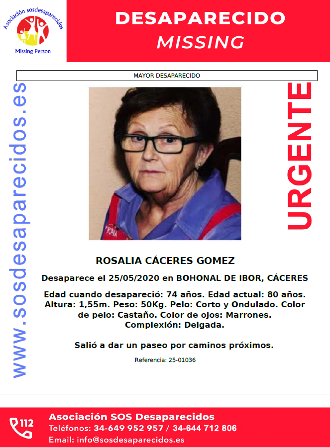 La familia de Rosalía Cáceres Gómez, de 75 años, desaparecida el 25 de mayo de 2020 en las inmediaciones de Bohonal de Ibor (Cáceras), ha pedido que su caso sea revisado por personal especializado de la UCO de la Guardia Civil para intentar abrir nuevas vías de investigación