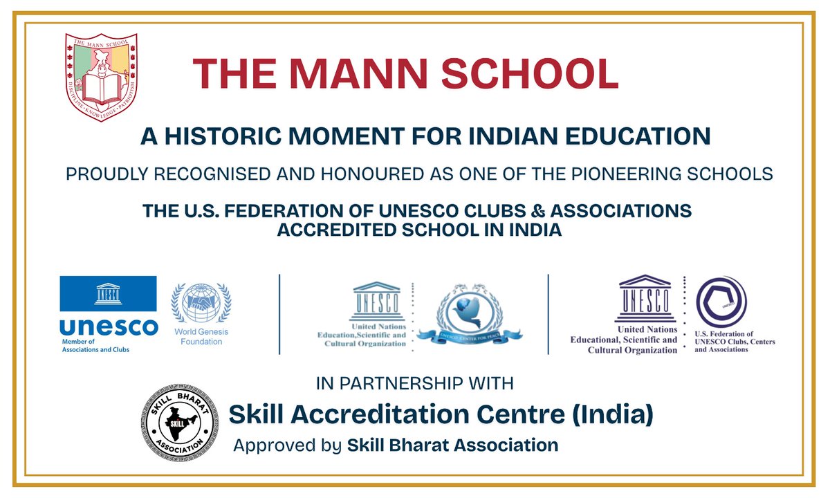 Proud Moment for The Mann School

Recognised as one of the pioneering schools in India accredited by the U.S. Federation of UNESCO Clubs &amp; Associations. A proud step towards nurturing globally aware and responsible young leaders.

#TheMannSchool
<a href="/UNESCO/">UNESCO 🏛️ #Education #Sciences #Culture 🇺🇳</a> 
<a href="/MSDESkillIndia/">Skill India</a>