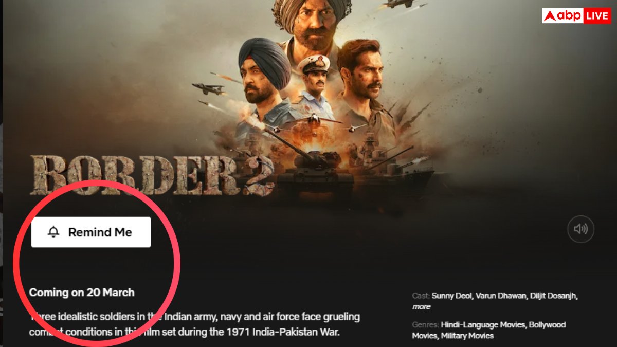 rekhatripathi's tweet photo. Sunny Deol’s #Border2 is heading to OTT after a strong theatrical run! 

The film will start streaming on Netflix from March 20, 2026. 

Border 2 has now appeared on Netflix’s Reminder List. 

#Netflix #Border2onNetflix #SunnyDeol #OTTRelease https://t.co/dwgAgGGldC