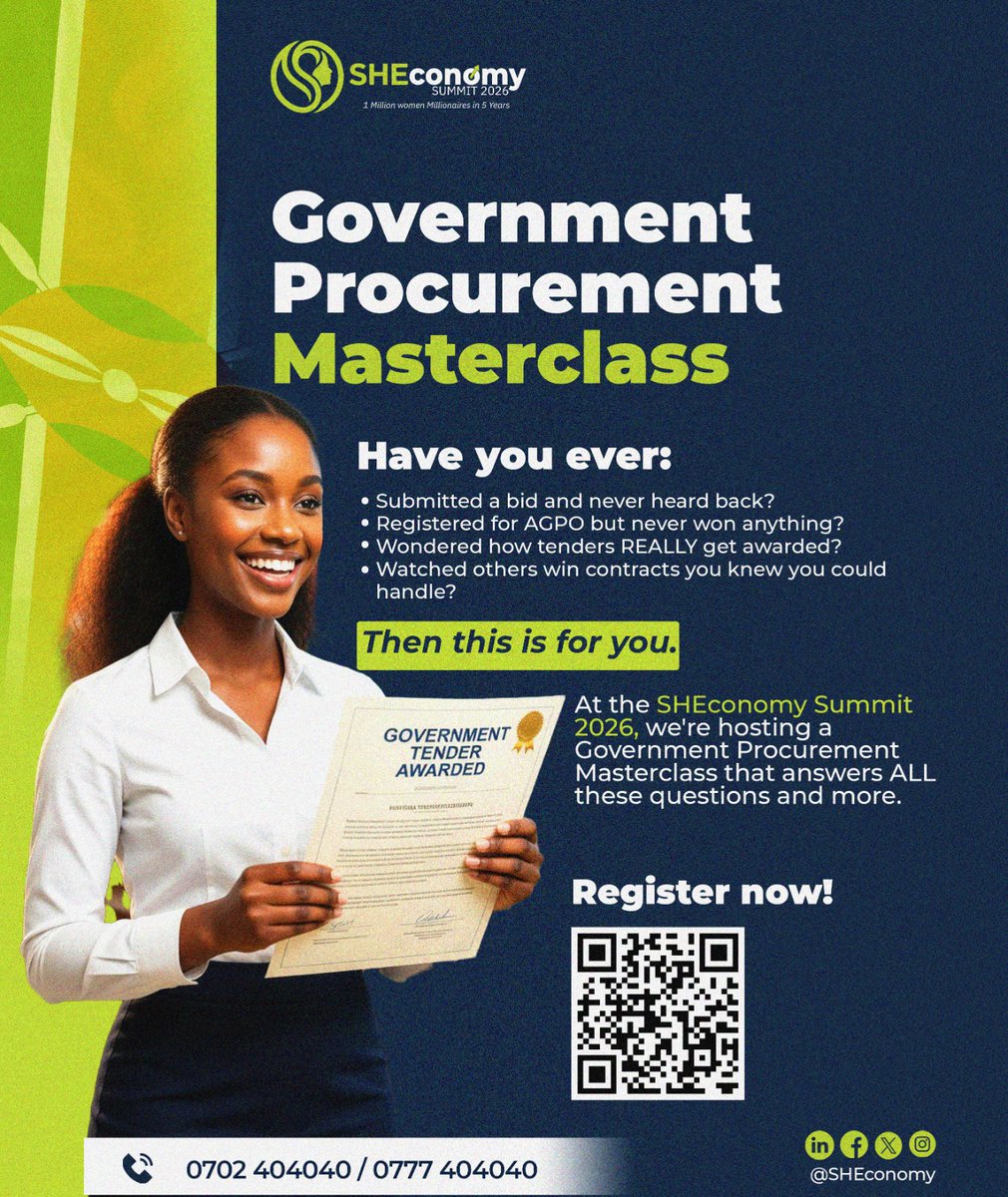 SheconomyKE's tweet photo. Stop being a spectator and start winning contracts. ๐
Join the #SHEconomy Summit 2026 Masterclass to shift your business from "eligible" to "selected" in the procurement space.
๐ Kenya College of Insurance, South C
๐ May 28โ29
๐ 0702 404040
Register: https://t.co/1ZnsoQKgeb https://t.co/QkqTigv9bD
