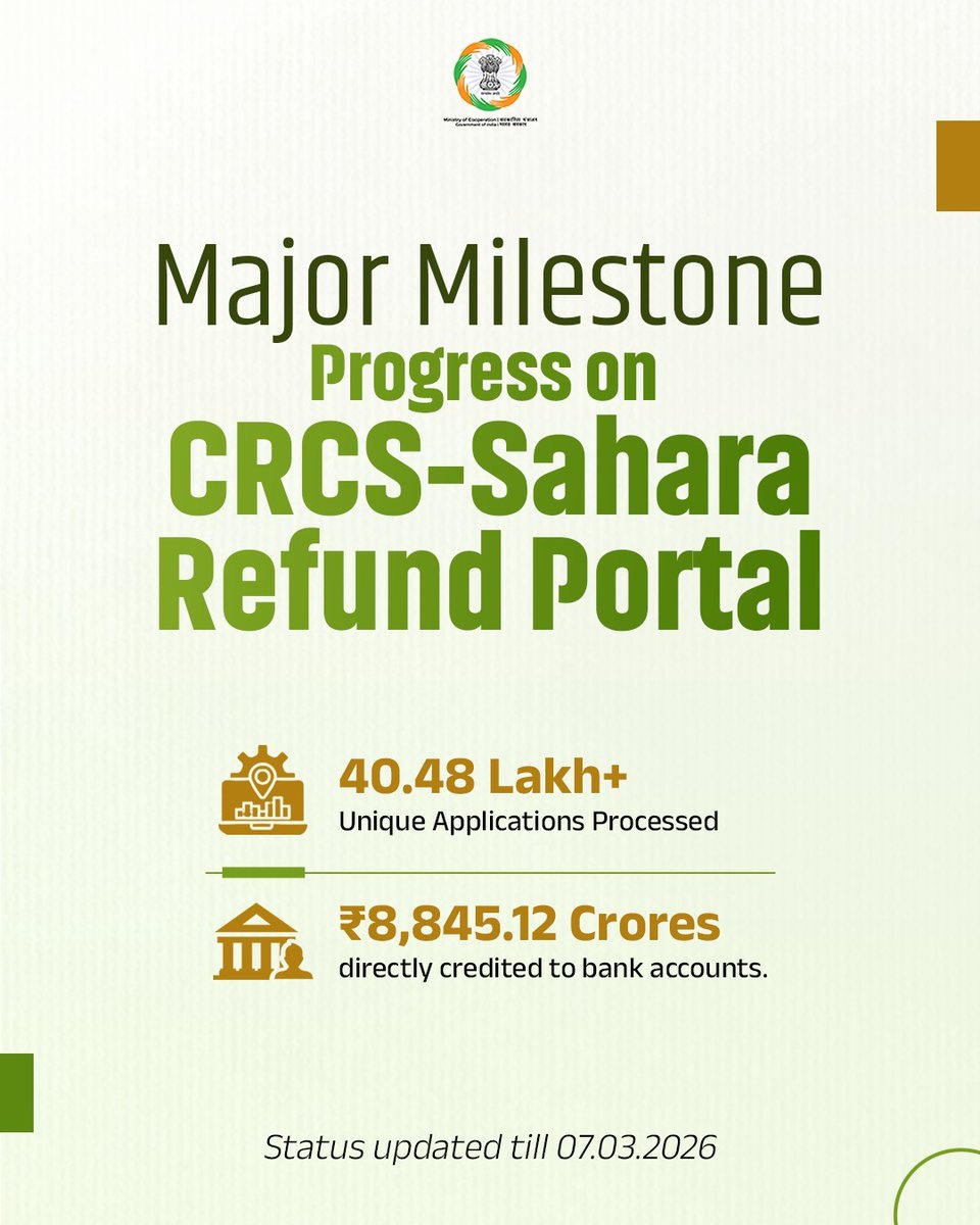CRCS-Sahara Refund Portal: Progress Update

Under the leadership of Hon'ble Union Home and Cooperation Minister Shri <a href="/AmitShah/">Amit Shah</a>, the CRCS-Sahara Refund Portal continues to uphold its commitment to transparency, accountability, and financial security for investors. Leveraging