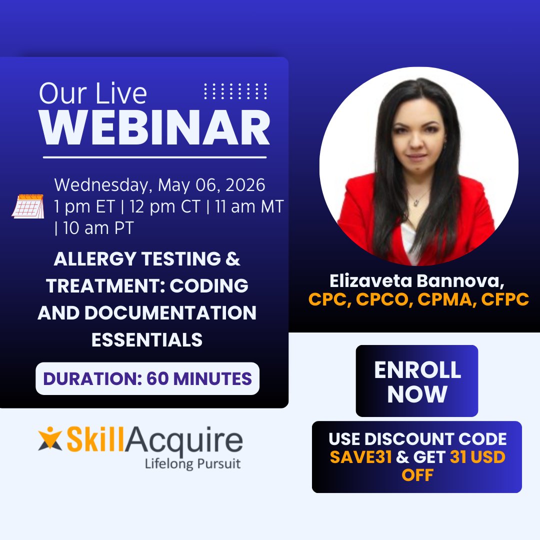 skillacquire's tweet photo. One wrong modifier or missing documentation point on SCIT billing can trigger denials. Master the complex coding rules for skin testing, immunotherapy.
Get Audit-Ready &amp; Save $31! 💰
Use code SAVE31
 🔗Register: https://t.co/tH1hBINoHu

#MedicalCoding #AllergyBilling #CPTCoding https://t.co/UayuFoyFWL