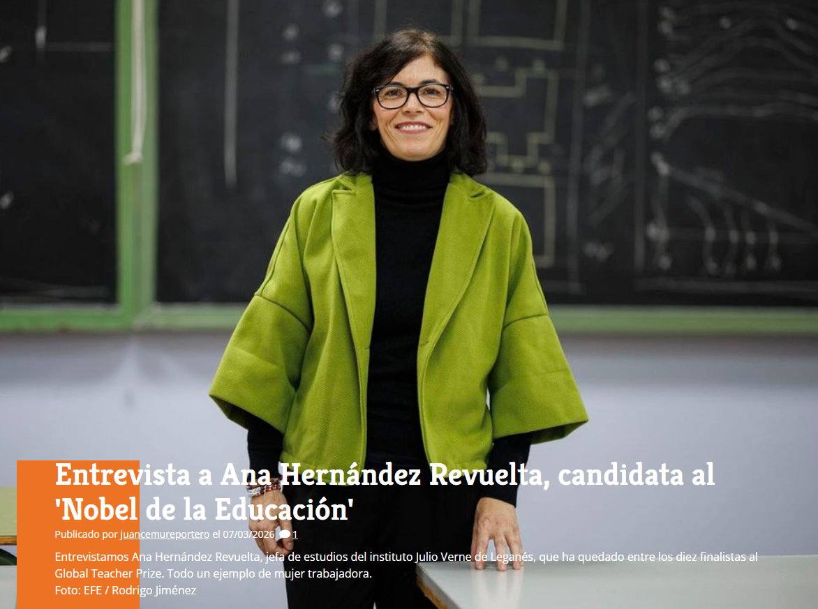 ⭐️ Entrevista a Ana Hernández Revuelta, candidata al 'Nobel de la Educación' - por 'juancemureportero' de <a href="/cemu/">CEMU CiudadEscuela</a> 

➡️ cibercorresponsales.org/perfiles/juanc…

🗨️ "Entrevistamos Ana, jefa de estudios del instituto Julio Verne de Leganés y finalista al #GlobalTeacherPrize". #Cibercorresponsales
