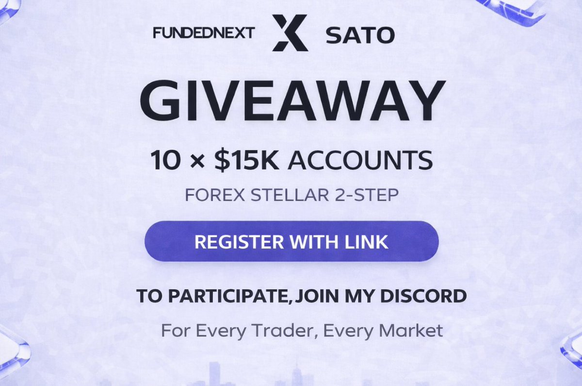 🚀 $150,000 FUNDEDNEXT GIVEAWAY 🎉

10× $15K Forex Stellar 2-Step Accounts
100% FREE

To enter 👇

✅ Follow <a href="/SatoLiveTrading/">Sato Trades 🇨🇭</a> &amp; <a href="/FundedNext/">FundedNext</a>

🔁 Like, Repost &amp; Tag 1 Friend
📩 MUST Register account through this link:
👉 fundednext.com/?fpr=swisstrad…
💬 MUST join my Discord (most active