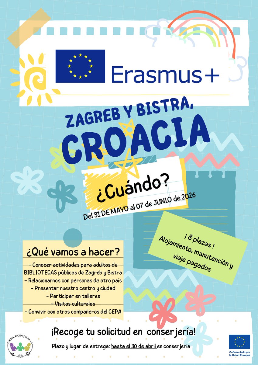 cepadonjuani's tweet photo. ¡Apúntate a nuestra nueva movilidad #erasmusplus a Croacia!
Tienes toda la información en la imagen. Plazo de solicitudes hasta el 30 de abril.
@sepiegob #educaciónparaadultos #longlifelearning📚 https://t.co/gCxW2YXHy7
