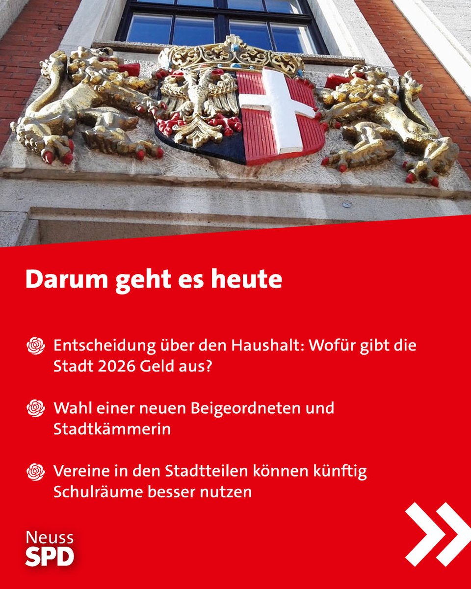 spdneuss's tweet photo. Ab 16 Uhr tagt heute der Neusser Stadtrat ⚖️!

Dabei geht es unter anderem um die Entscheidung über den Haushalt und damit um die Frage, wofür die Stadt 2026 Geld ausgibt. Außerdem wollen wir dafür sorgen, dass Vereine in den Stadtteilen bald Schulräume besser nutzen können... https://t.co/NkkwMyTB6L