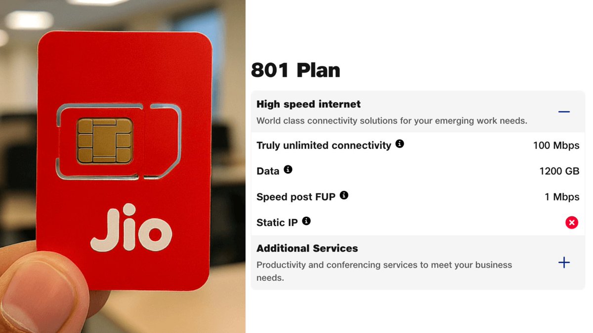 TelecomTalk's tweet image. Reliance Jio is bundling connectivity + workplace tools for businesses.

The Jio Business Broadband Max 801 plan offers:

• 100 Mbps speed
• 1200GB monthly data
• JioMeet video conferencing
• JioAttendance licenses

Designed for small teams and offices.

#Jio #RelianceJio
