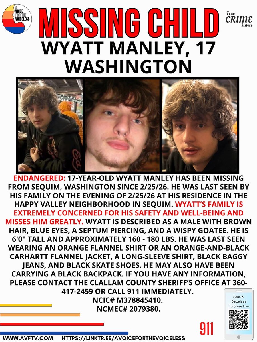 AwarenessTCS's tweet photo. 🚨 ENDANGERED MISSING TEEN 🚨 17-year-old Wyatt Manley has been missing from Sequim, Washington since 2/25/26. He was last seen by his family on the evening of 2/25/26 at his residence in the Happy Valley neighborhood in Sequim. Wyatt’s family is extremely concerned for his safety and well-being and misses him greatly.

Wyatt uses public transportation and is known to frequent the Port Angeles Pier and the Wharf area. He also visits his girlfriend’s residence on the west side of Port Angeles near the reservation. 

Wyatt is described as a male with brown hair, blue eyes, a septum piercing, and a wispy goatee. He is 6'0" tall and approximately 160 - 180 lbs. He was last seen wearing an orange flannel shirt or an orange-and-black Carhartt flannel jacket, a long-sleeve shirt, black baggy jeans, and black skate shoes. He may also have been carrying a black backpack.

📲 If you have any information, please contact the Clallam County Sheriff’s Office at 360-417-2459 or call 911 immediately. Information can also be provided anonymously.

Please look closely and report any possible sighting right away, even if it seems small. Sharing this post and commenting can help keep Wyatt’s name in front of more people and help bring in the tip that leads to answers. 💙❤️🧡💛

NCIC# M378845410
NCMEC# 2079380

#MissingChild #PleaseShare #WyattManley