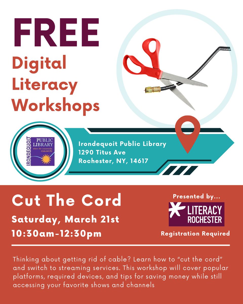 When you "cut the cable cord," you can save money and continue to enjoy your favorite shows on streaming services. Learn more at our next #digitalliteracy workshop. 

When: March 21 @ 10:30am
Where: Irondequoit Public Library 
Register: bit.ly/3MYFxNN