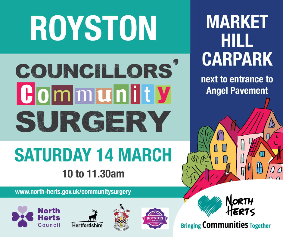 NorthHertsDC's tweet photo. Join us on Saturday 14 March for the #Royston Community Surgery. It's a fantastic opportunity to discuss any matters of interest or concern with your Councillors. See you there!😃
📆Saturday 14 March
🕗10am to 11:30am
📍Market Hill car park, Angel Pavement https://t.co/8WsYQT8uNC