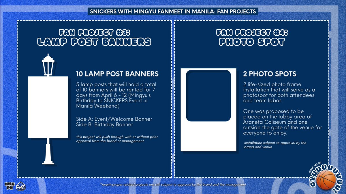 urijib_mw's tweet photo. 𝗥𝗲𝗮𝗱𝘆, 𝗚𝗲𝘁 𝗦𝗲𝘁, 𝗚𝘆𝘂!: #SNICKERSwithMingyu 
Event in Manila Fan Projects

🏀 The Project Details

Detailed info, amount and funds tracker for each proposed project. 

disclaimer: event-proper related projects are still subject to approval

#ReadyGetSetGyu