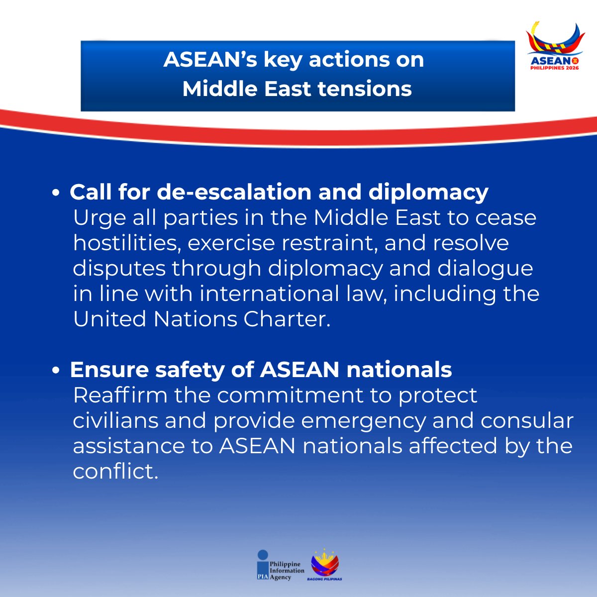 PIADesk's tweet photo. Bilang ASEAN Chair, naglabas ng pahayag ang Pilipinas matapos ang espesyal na pulong kaugnay ng tensyon sa Gitnang Silangan. Panawagan sa agarang paghinto ng labanan at pagtutulungan para sa kapakanan ng mamamayan at katatagan ng ekonomiya.

#ASEAN2026
#ASEANPH https://t.co/aP713dDM2I