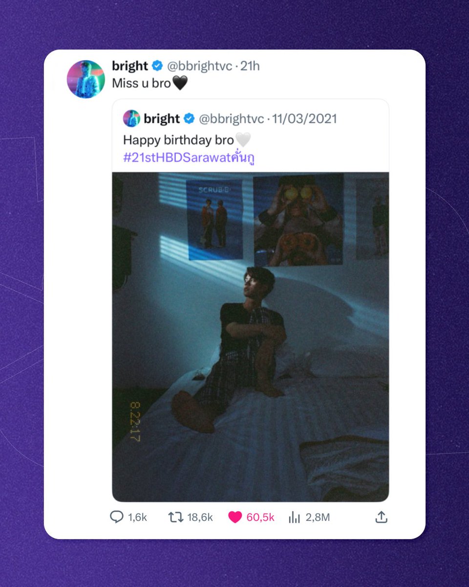 hubboyslove's tweet image. NINGUÉM SUPEROU! Postagem de Bright com saudades do personagem de #2gether já é a mais curtida em anos em sua conta.

Sarawat fez aniversário ontem, e a série, uma das responsáveis pelo boom global BL, completou 6 anos recentemente.