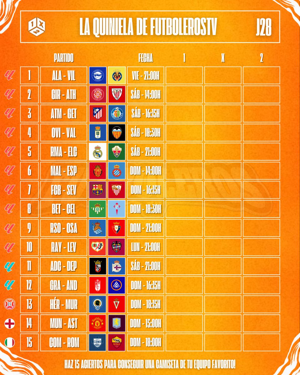 🎯 ¡𝗗Í𝗔 𝗗𝗘 𝗤𝗨𝗜𝗡𝗜𝗘𝗟𝗔!

⚡ Vuelve #LaLiga y con ella la quiniela de FutbolerosTV!

👕 Requisitos para ganar una camiseta:
•  Seguirnos.
•  Dar ❤️ y 🔁 al tweet.
•  Hacer 15 aciertos