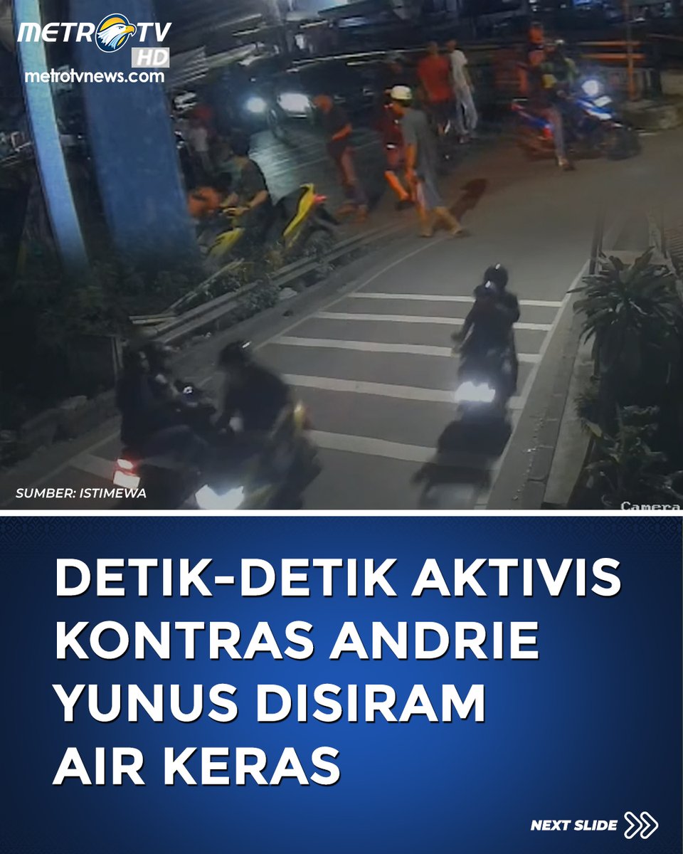 Metro_TV's tweet photo. Wakil Koordinator Komisi untuk Orang Hilang dan Korban Tindak Kekerasan (KontraS), Andrie Yunus, menjadi korban penyerangan keji oleh orang tidak dikenal (OTK) di kawasan Jalan Salemba I, Senen, Jakarta Pusat. Korban disiram menggunakan cairan yang diduga kuat merupakan air keras saat sedang mengendarai sepeda motor.

Berdasarkan rekaman kamera CCTV yang beredar di sekitar lokasi kejadian, aksi penyerangan ini dilakukan oleh dua orang pria yang berboncengan sepeda motor. Awalnya, kedua pelaku terlihat melintas, namun kemudian memutar balik arah kendaraan mereka.

Saat posisi motor pelaku berpapasan dengan korban, salah satu pelaku langsung menyiramkan cairan korosif ke arah wajah Andrie. Akibat siraman tersebut, korban seketika merasakan panas yang hebat hingga kehilangan kendali dan menjatuhkan sepeda motornya di pinggir jalan.

Wakil Menteri Hak Asasi Manusia (HAM), Mugiyanto, mengecam keras penyiraman air keras terhadap Wakil Koordinator Komisi untuk Orang Hilang dan Korban Tindak Kekerasan (KontraS), Andrie Yunus, di Jakarta. Ia menilai serangan tersebut merupakan ancaman serius terhadap kebebasan warga negara dalam menyuarakan kritik dan memperjuangkan hak asasi manusia.

Sumber: Istimewa

#AndrieYunus #KontraS #AirKeras #KekerasanAktivis