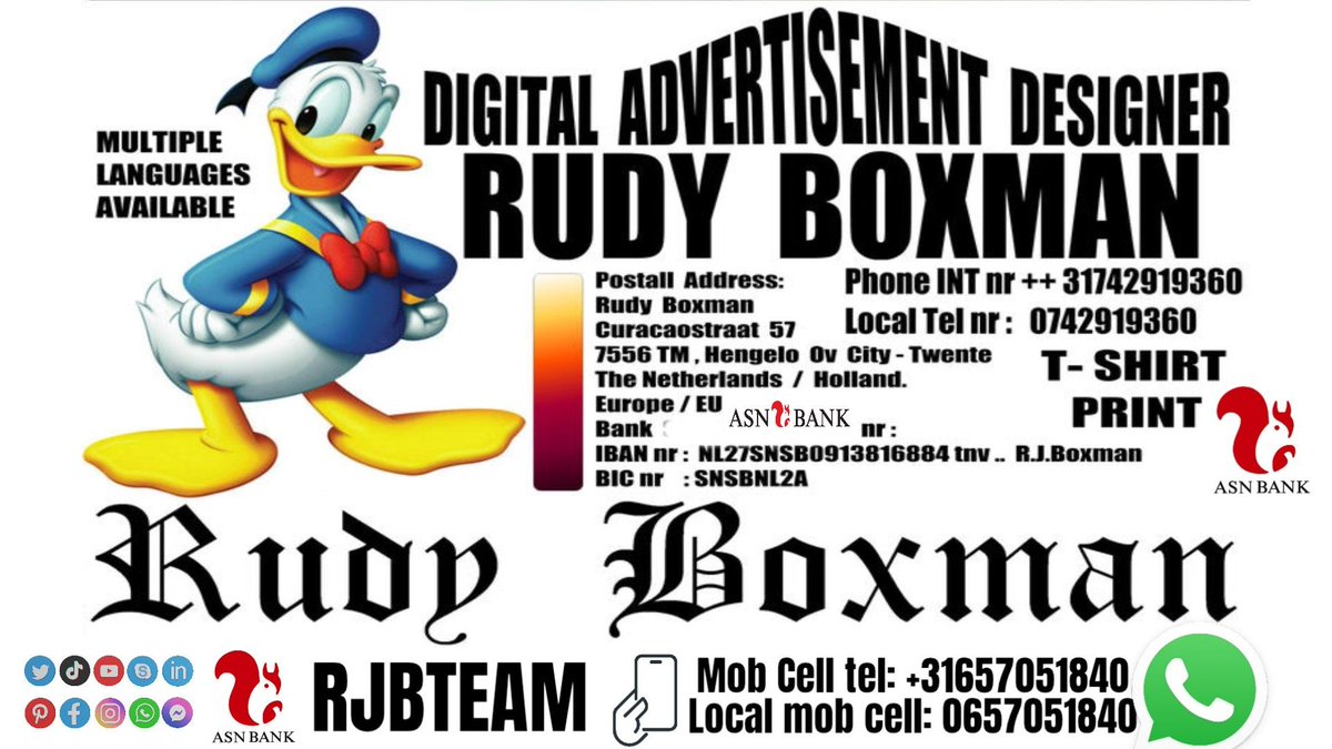 rjbteam's tweet photo. Rudy Boxman
POSTAL ADDRESS:
Rudy Boxman
RJBTEAM
Designer
Curacaostraat 57
7556TM, Hengelo City
Twente in The Netherlands Holland
Europe EU CE
Tel + 31742919360
Tel + 31657051840
#news #RudyBoxman #RJBTEAM #design #designer
#HD #photo 1920x1080 #HighDefinition 2th #amsterdam #NYC https://t.co/LYfOFvLQEw