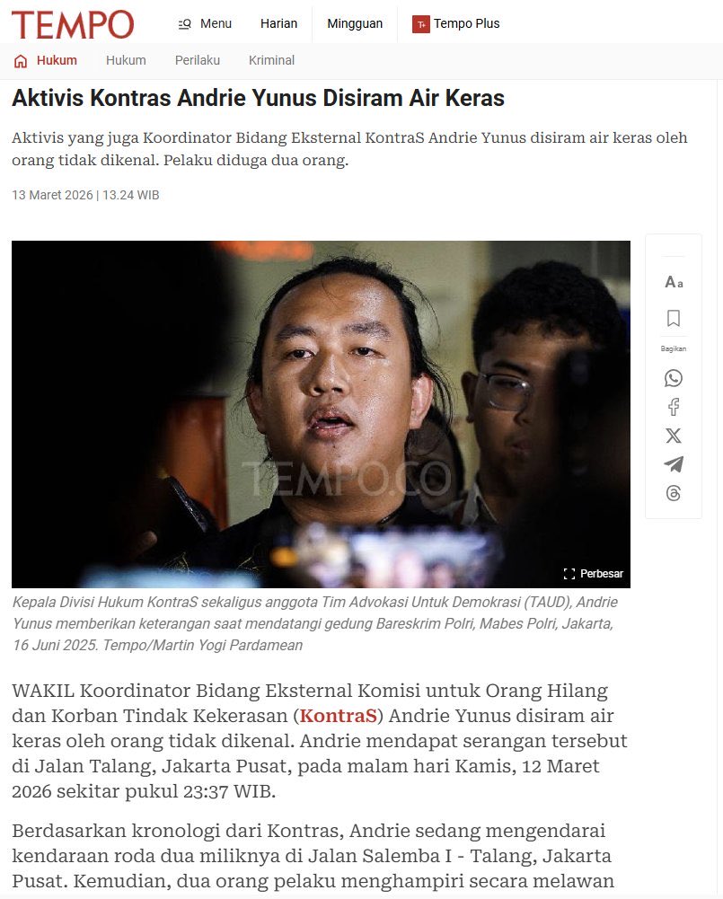 The_RedsIndo's tweet photo. 🚨 Mengirim doa yang banyak untuk Kamerad, Andrie Yunus dari KontraS yang disiram air keras oleh orang tak dikenal (katanya). Andrie mengalami luka bakar 24% yang meliputi area wajah, mata dan dadanya.

Semoga lekas pulih, Mas Andrie 🙏 https://t.co/kNQKYhQSrR