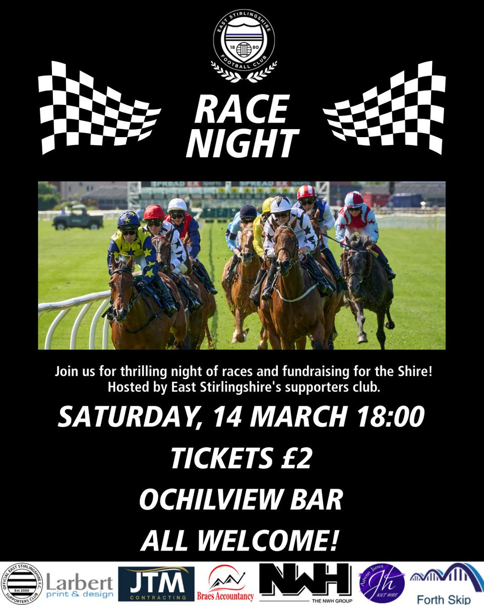 TheShireFC's tweet photo. 🏇 𝑹𝑨𝑪𝑬 𝑵𝑰𝑮𝑯𝑻! 🏇

Craving the adrenaline rush of horse racing after Cheltenham? Don’t miss out on Shire Race Night tomorrow at 6 PM!

🎟️ 𝗧𝗶𝗰𝗸𝗲𝘁𝘀: Only £2! Available at the Club Shop, Ochilview bar, or by contacting Sandy Nimmo. https://t.co/201DZlRc9W