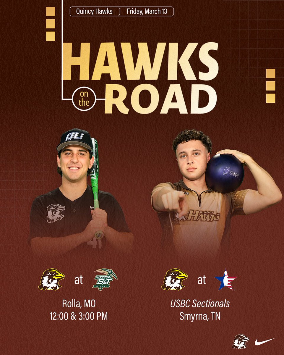 QUHawks's tweet photo. Big day away from home. 🦅
Baseball looks to stay hot in Rolla, while men’s bowling competes in USBC Sectionals postseason action.
#HawkU https://t.co/ihOBZ0ecjl