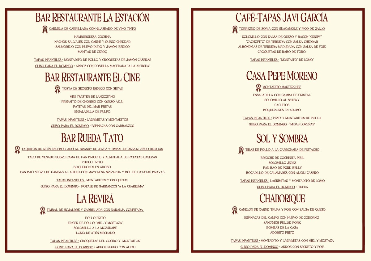 ℹ️ Listado de tapas en 'Con Sabor a Lora'.
📅 Del 12 al 15 de marzo.
📍 Plaza Industrial D. Benito Villamarín de Lora del Río.
⏰ Horarios de 'Con Sabor a Lora': jueves, de 12.30 a 23.00 horas; viernes y sábado, de 12.30 a 01.00 horas; y domingo, de 12.30 a 21.00 horas.