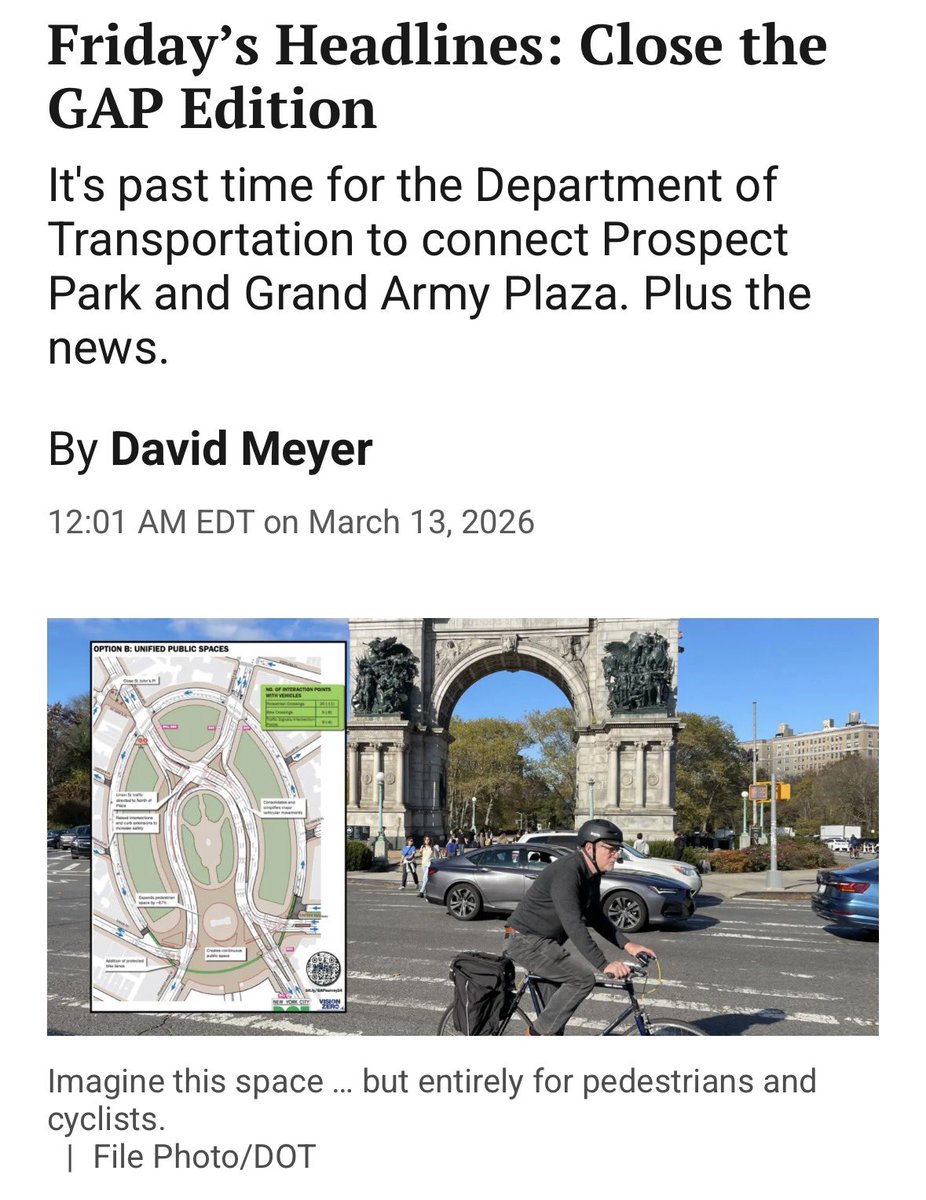 Put the arch in the park! 

“A new petitionfrom Transportation Alternatives has more than 3,200 signatures. Add yours today, and follow the Safer Grand Army campaign on Instagram for updates.”

Petition: act.transalt.org/a/safer-grand-…

nyc.streetsblog.org/2026/03/12/thu…