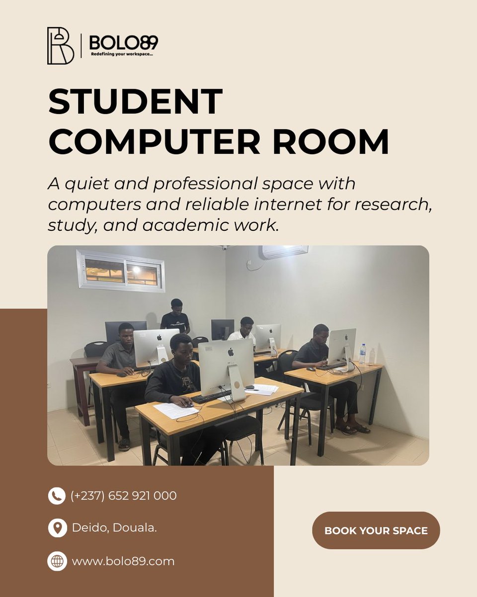 𝗦𝘁𝘂𝗱𝗲𝗻𝘁 𝗖𝗼𝗺𝗽𝘂𝘁𝗲𝗿 𝗥𝗼𝗼𝗺
Need a quiet place for research or assignments?
BOLO89 offers a comfortable computer room with reliable internet for students.
📍Deido, Douala
#BOLO89 #Coworkingspace #cameroon