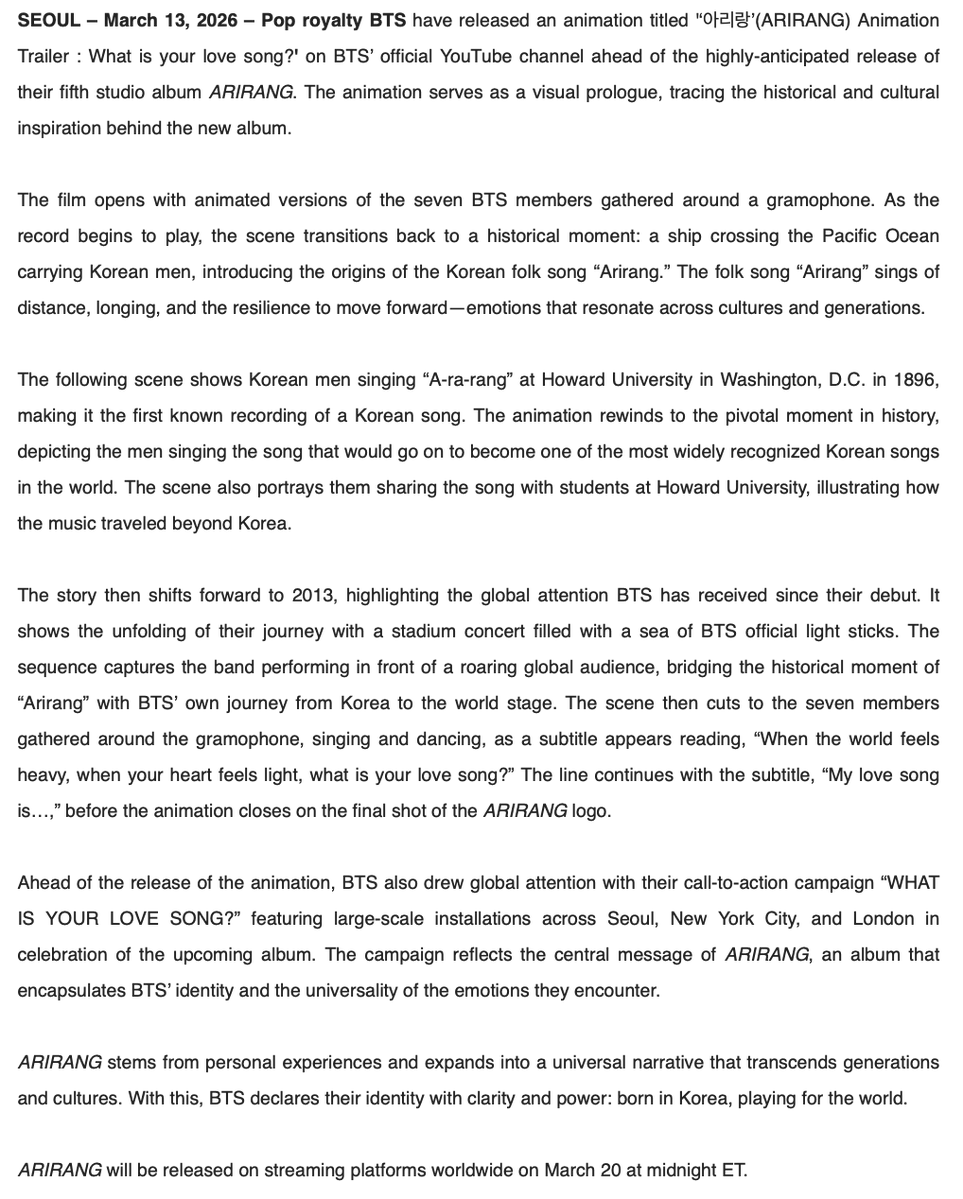 Press release on BTS' ARIRANG Animation Trailer (via BIGHIT MUSIC):

"The animation serves as a visual prologue, tracing the historical and cultural inspiration behind the new album."