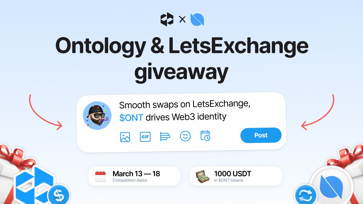 🎁 $ONT Giveaway with <a href="/OntologyNetwork/">Ontology - The Trust Layer for Web3</a> 

We’re sending 20 winners 50 USDT in $ONT.

Yes, that’s 1,000 USDT worth of $ONT up for grabs 👀

How to join:
✅ Like &amp; Repost this post
✅ Follow <a href="/letsexchange_io/">LetsExchange</a> &amp; <a href="/OntologyNetwork/">Ontology - The Trust Layer for Web3</a>
✅ Tag 3 crypto friends
✅ Comment why LetsExchange is a