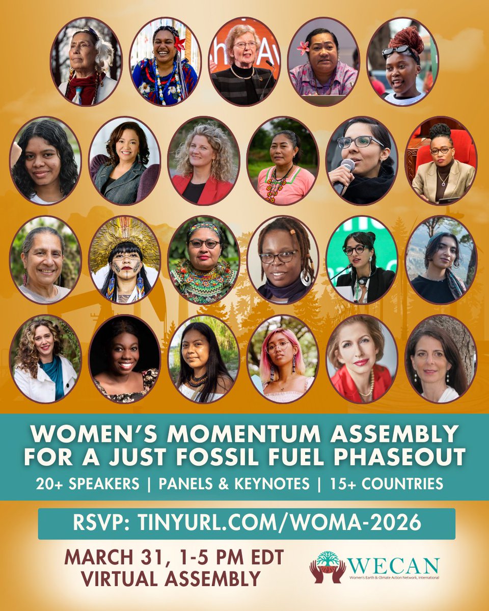 WeDontHaveTime's tweet image. End the era of #fossilfuels! 🚨
Join the Women’s Momentum Assembly for a Just Fossil Fuel Phaseout to hear from frontline leaders &amp;amp; global advocates as we build a Just Transition. 💪

Free &amp;amp; open to all!
📅 March 31 | 🖥️ Virtual
🔗 Sign up today: tinyurl.com/woma-2026

#WECAN