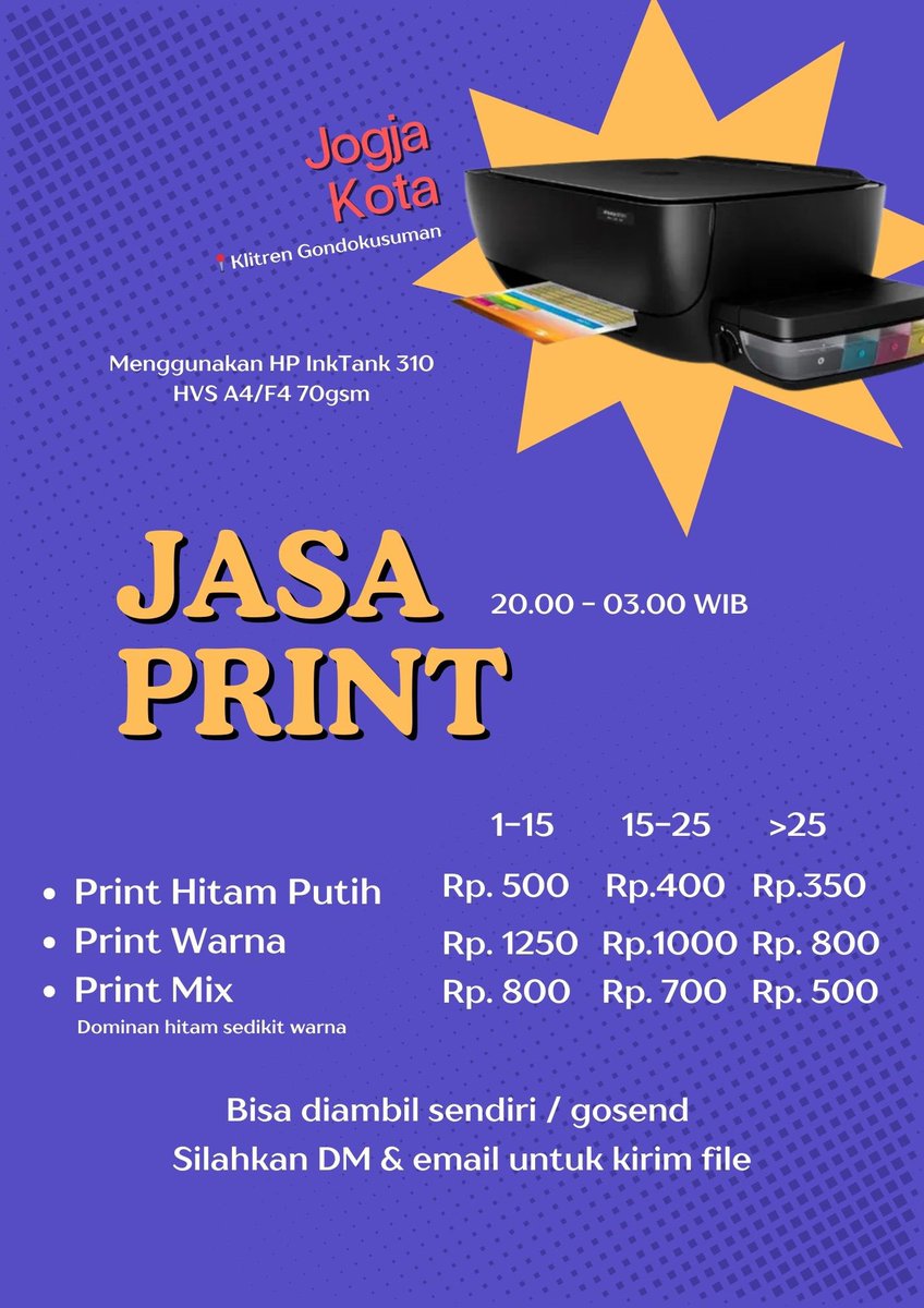 coldiepotato's tweet photo. Open yaa #printjogja #zonauang #zonajajan
Jasa Print area Jogja Kota (Klitren)
Bisa diambil sendiri / kirim ojol https://t.co/4uFfR93vqp